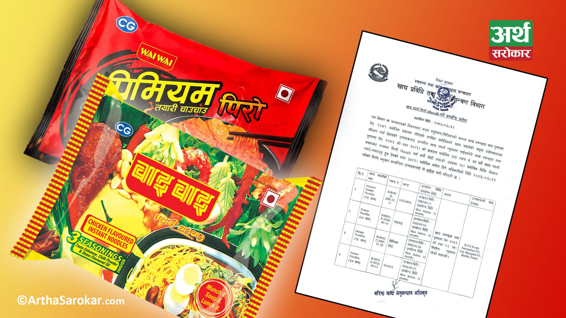 वाईवाईसहित चार ब्राण्डका चाउचाउ गुणस्तरहीन भेटिए, बजारबाट तत्काल फिर्ता गर्न आदेश